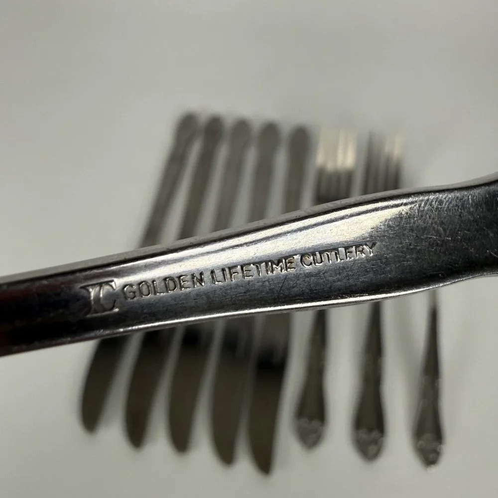 Vintage Golden Lifetime Cutlery Stainless Steel Floral Rose Set of 9 Flatware